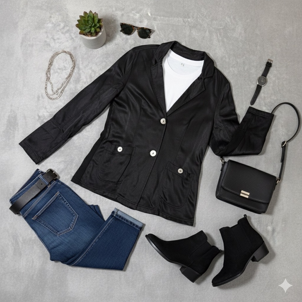 XCVI Blazer Jacket Women Small Satin Finish Black Button Long Sleeve Minimalist